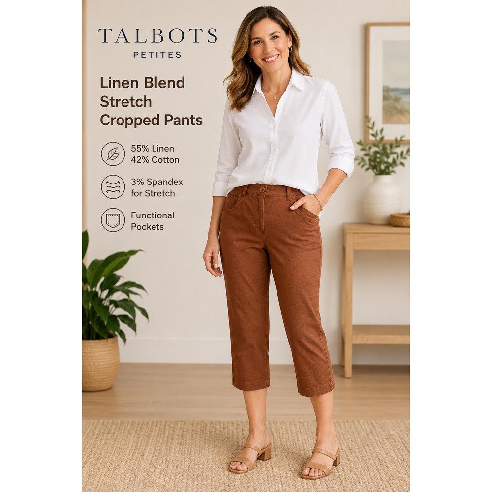 Talbots Petites Womens Brown Linen Cotton Stretch Capri Crop Pants Pockets 4P